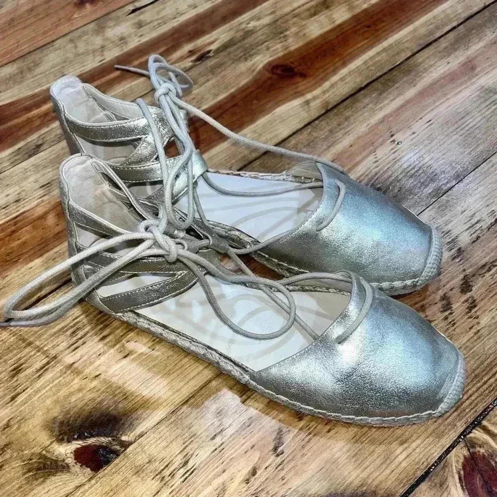 Marc Fisher genuine soft leather, gold, ankle tie, flat, espadrilles, shoes,